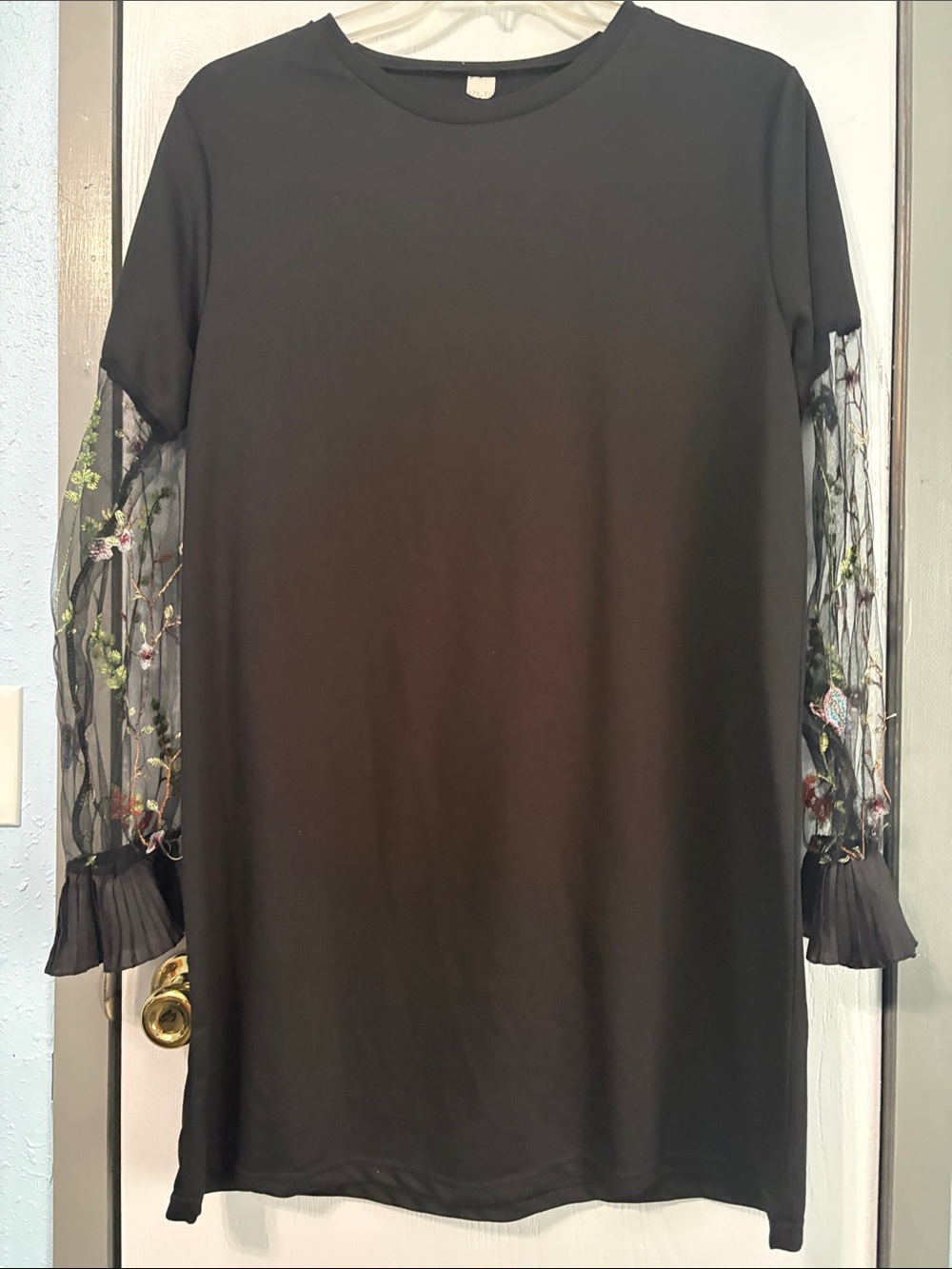 Black Dress with Embroidered Mesh Sleeves - Women